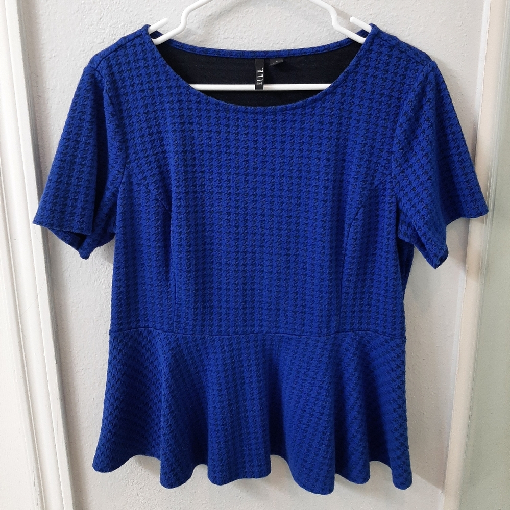 ELLE Black & Blue Houndstooth Pattern Short Sleeve Peplum Blouse Size L